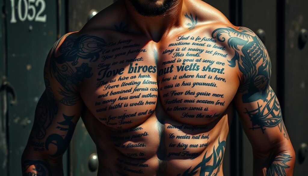 A rugged, muscular male torso adorned with intricate, masculine Bible verse tattoos, the skin marked with bold, calligraphic script and symbolic imagery. The tattoos cover the chest, arms, and shoulders, creating a tapestry of faith and personal expression. Dramatic lighting casts deep shadows, highlighting the sculpted form and the meaningful ink. The background is a weathered, urban setting, suggesting the cultural influence of these devotional tattoos. A sense of reverence and personal conviction permeates the scene, capturing the significance of these spiritual markings on the male form.