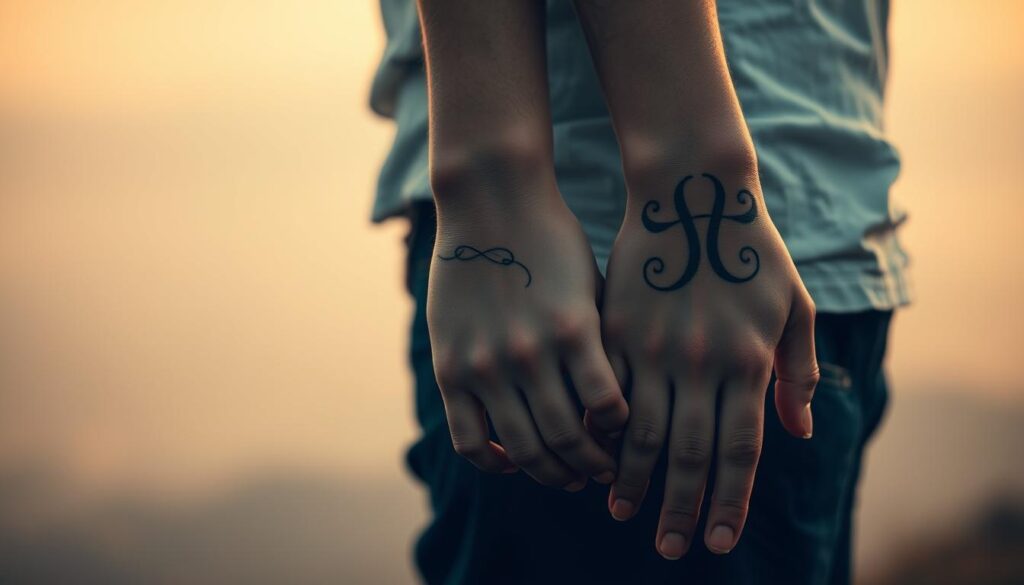 A serene and introspective scene of two sibling's matching tattoos, rendered in a soft, muted color palette. The foreground features the intricate designs of the tattoos, their lines and swirls flowing across the skin in a meaningful pattern. The middle ground captures the siblings' hands, fingers intertwined, symbolizing the unbreakable bond between them. The background is a warm, hazy landscape, evoking a sense of tranquility and reflection. Delicate lighting casts a gentle glow, creating an intimate, contemplative atmosphere. The composition is balanced and harmonious, inviting the viewer to pause and consider the significance of these shared tattoos and the treasured relationship they represent.