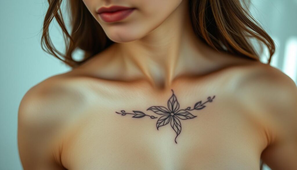 A serene, close-up portrait of a woman's upper chest, showcasing a delicate, intricately designed tattoo. Soft, natural lighting accentuates the intricate lines and shading, creating a sense of elegance and vulnerability. The tattoo's intricate floral or geometric patterns flow gracefully across the skin, reflecting the wearer's personal story and inner strength. The angle is slightly angled, drawing the viewer's attention to the tattoo's placement and the model's gentle, pensive expression. The background is subtly blurred, keeping the focus on the captivating tattoo design and the subject's thoughtful gaze.