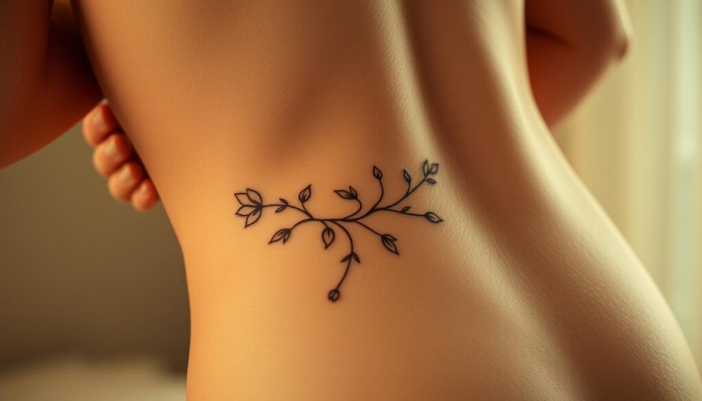 A serene, close-up view of a woman's lower back, captured in soft, warm lighting. The feminine skin is adorned with a delicate, intricate tattoo design that flows gracefully along the curve of her spine. The tattoo features a combination of flowing botanical elements, such as vines, leaves, and petals, creating a harmonious and nature-inspired pattern. The background is subtly blurred, allowing the focus to remain on the captivating tattoo and the gentle contours of the model's body. The overall mood is one of tranquility, elegance, and the celebration of the female form.