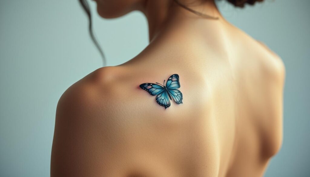 A serene, high-contrast close-up image of a woman's back, with a butterfly tattoo design elegantly placed between the shoulder blades. The tattoo features delicate, lifelike wings in shades of blue and purple, with intricate details captured in sharp focus. The skin surrounding the tattoo is smooth and flawless, bathed in soft, directional lighting that accentuates the design's natural beauty. The background is pleasantly blurred, allowing the tattoo to be the central point of attention. The overall mood is one of tranquility and artistic appreciation, showcasing the butterfly tattoo placement as a captivating body art piece.