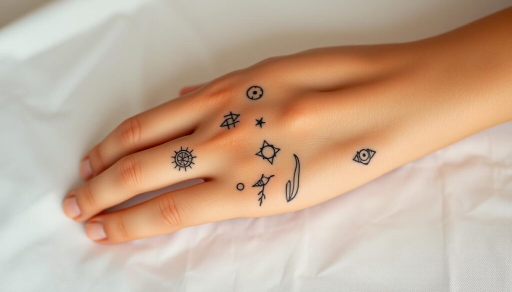 A serene, minimalist composition featuring a series of intricate symbolic tattoos on a lifelike human hand. The tattoos are delicately rendered in fine black lines, depicting abstract geometric shapes, celestial motifs, and nature-inspired elements. The hand is positioned in a relaxed, natural pose, highlighting the subtle details and meaning of the small yet impactful designs. Soft, diffused lighting bathes the scene in a warm, contemplative atmosphere, inviting the viewer to pause and reflect on the personal significance of these meaningful mini tattoos.