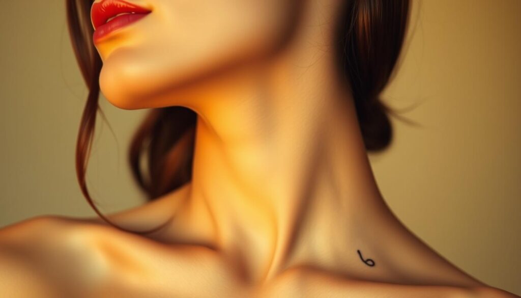A serene, softly-lit close-up shot of a woman's elegant neck and throat area, showcasing a delicate, minimalist tattoo design. The tattoo features a simple, curved line or abstract shape, subtly accentuating the graceful contours of the neck. The lighting is warm and diffused, creating a flattering, ethereal atmosphere. The background is blurred and muted, allowing the focus to remain on the intricate details of the tattoo and the model's flawless skin. The overall mood is one of refined sophistication and understated beauty, perfectly suited to highlight the cost factors for this type of feminine, front-of-neck body art.