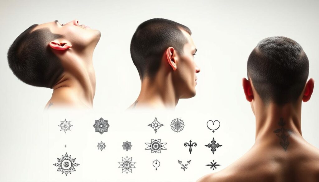 A serene, well-lit studio setting showcasing the placement options for a stylish neck tattoo. The foreground features a male model's neck, presented from multiple angles to highlight different placements - on the side of the neck, the nape, the front, and the back. The middle ground showcases a selection of tattoo designs, ranging from intricate patterns to minimalist symbols, providing inspiration for the viewer. The background is a clean, neutral backdrop, allowing the focus to remain on the neck and the tattoo options. The overall mood is one of thoughtful consideration, encouraging the viewer to envision the perfect placement for their own neck tattoo.