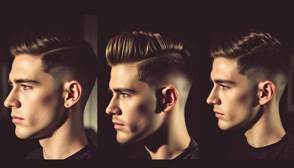 A series of classic fade haircuts evolving through time, showcased in a stylized collage. In the foreground, a sleek high-and-tight fade with sharp lines; in the middle, a tapered mid-fade with textured volume; in the background, a classic low-fade with soft, blended edges. The lighting is dramatic, casting shadows that accentuate the depth and dimension of the cuts. The overall composition has a vintage, retro aesthetic, hinting at the enduring appeal and timeless nature of these iconic hairstyles.