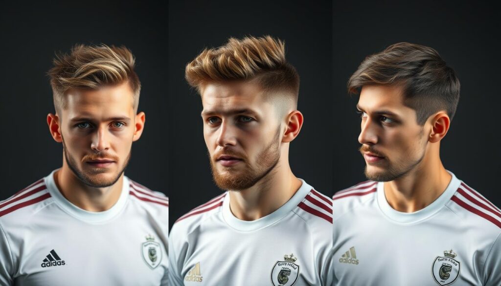 A series of detailed, high-resolution portraits showcasing the evolution of Jude Bellingham's hairstyles over the years. A crisp, photorealistic style with natural lighting and shallow depth of field, capturing the subtle changes in his hair length, texture, and styling. The portraits flow smoothly from short, spiky cuts to longer, textured looks, highlighting Bellingham's personal style development. The series presents a visually striking exploration of his dynamic appearance, reflecting his growth as a professional footballer.