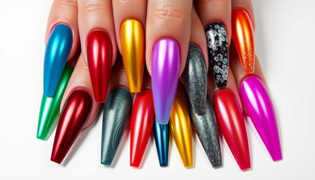 A set of stiletto-shaped press-on nails in various vibrant and metallic colors, arranged in a visually striking composition. The nails are captured in a well-lit, high-resolution close-up, showcasing their sleek, sharp silhouettes and intricate designs that range from simple solid hues to detailed patterns and ombré effects. The nails are placed against a neutral, minimalist background that allows the beauty and elegance of the nail art to take center stage, creating a sense of sophistication and high-fashion appeal.