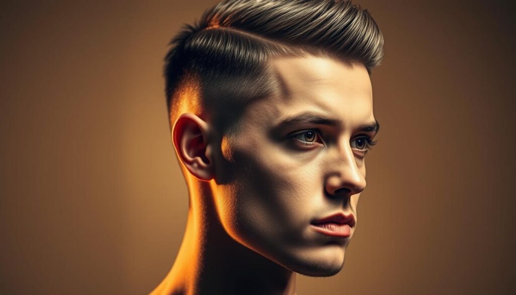 A sharp, sophisticated male haircut with clean lines and precise angles. The mod cut features a short, tapered back and sides with a slightly longer, textured top. Dramatic shadows and highlights accentuate the sculpted layers, creating an eye-catching, modern silhouette. Soft, diffused lighting casts a warm, inviting glow, complementing the model's pensive expression. The seamless blend of classic and contemporary styling evokes the bold, confident spirit of the mod era. Captured with a medium-format lens to enhance the depth of field and draw attention to the intricate hairstyle details.