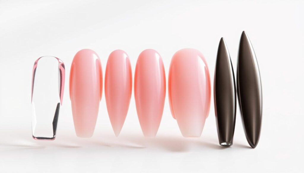 A sharply detailed side-by-side comparison of various nail shapes, including the iconic sharp short stiletto nails. The foreground features a close-up view of the different nail profiles - squared, rounded, almond, and the signature stiletto silhouette. The middle ground showcases the unique angles and tapered tips of each style, with subtle shadows accentuating their distinct features. The background maintains a clean, minimalist palette, allowing the nail shapes to take center stage and be the focal point. Soft, directional lighting casts a gentle glow, highlighting the smooth textures and reflective surfaces of the nails. The overall composition and mood convey a sense of refinement, precision, and the elegant aesthetics of these diverse nail art styles.