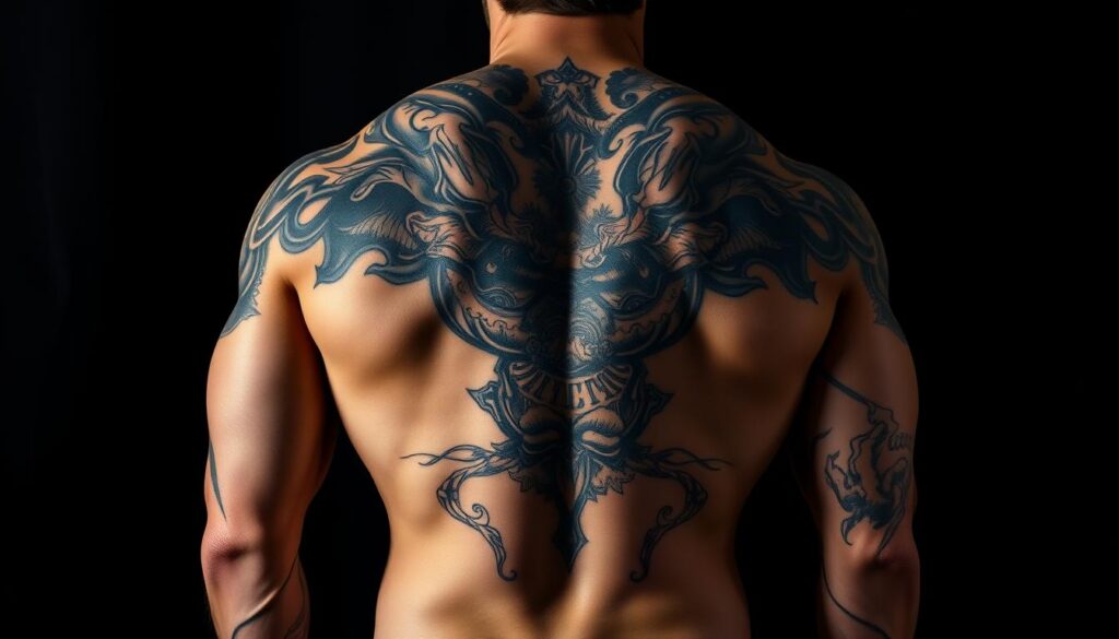 A shirtless muscular man stands with his back turned, revealing a sprawling tattoo that spans the entirety of his broad shoulders and upper back. The intricate design features a mix of bold black lines, shaded elements, and vibrant pops of color, creating a stunning visual impact. The lighting is dramatic, casting deep shadows that accentuate the contours of the man's physique and the detailed linework of the tattoo. The background is slightly blurred, keeping the focus on the central figure and the captivating body art. The overall atmosphere conveys a sense of power, confidence, and the intensity of the pain endured to achieve this remarkable piece of body art.