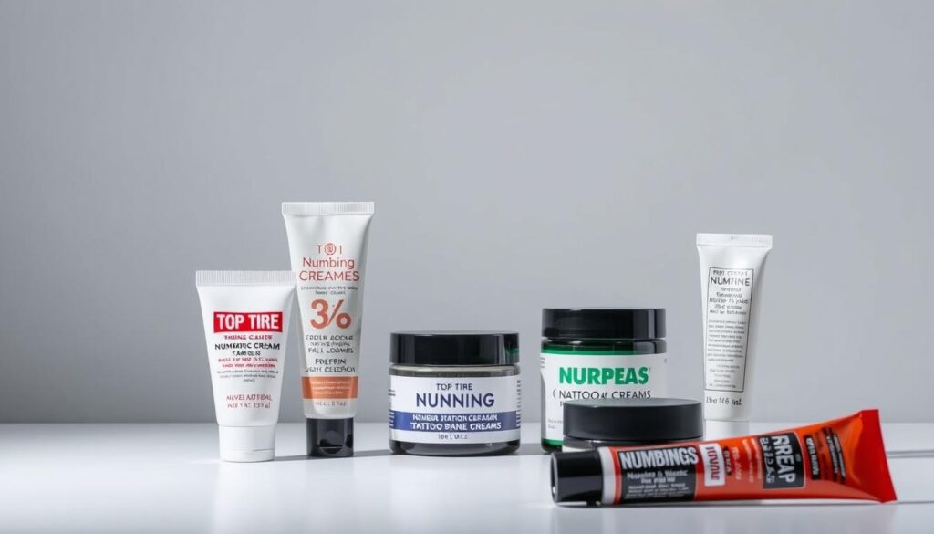 A sleek, minimalistic composition showcasing a selection of top-tier numbing creams for tattoo pain relief. In the foreground, several vibrant, high-quality tubes and jars of numbing creams are artfully arranged on a clean, white surface, illuminated by soft, even lighting that accentuates their textures and colors. The middle ground features a subtle gradient backdrop, adding depth and visual interest. The overall mood is one of professionalism, expertise, and efficacy, conveying the reliability and effectiveness of the featured numbing products. The image should inspire confidence in the viewer's choice of the best numbing cream for their upcoming tattoo session.