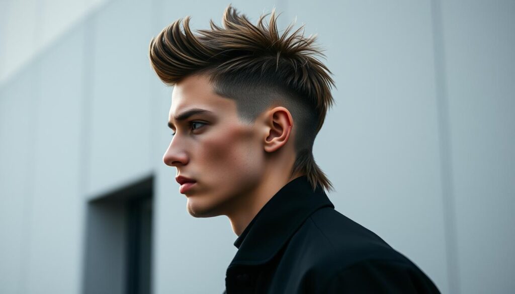 A sleek, modern mullet with an edgy, high-contrast fade. The style features a tapered, textured back and sides that gradually transition into a longer, shaggy top section, creating a bold, eye-catching silhouette. The model's hair is styled with a slight messy, piece-y finish, giving an effortless, dynamic appearance. Lighting is soft yet directional, casting dramatic shadows that accentuate the haircut's distinctive layers and dimensions. The model is photographed against a minimalist, urban backdrop, with a moody, atmospheric vibe that complements the mullet's striking, retro-futuristic aesthetic.