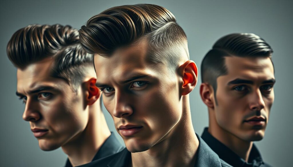A sleek, modern take on classic mod hairstyles for men. A dynamic trio of meticulously coiffed looks - a sharp, textured pompadour, a subtly tousled quiff, and a slick, side-parted style - captured in a tightly framed, dramatic close-up. Brilliant studio lighting illuminates the glossy, sculpted strands, casting dramatic shadows that accentuate the refined, retro-inspired silhouettes. The models' expressions radiate a confident, effortless cool, evoking the timeless allure of the mod aesthetic. The image exudes a sophisticated, cinematic atmosphere, perfect for illustrating the diverse range of stylish mod haircuts for the modern man.