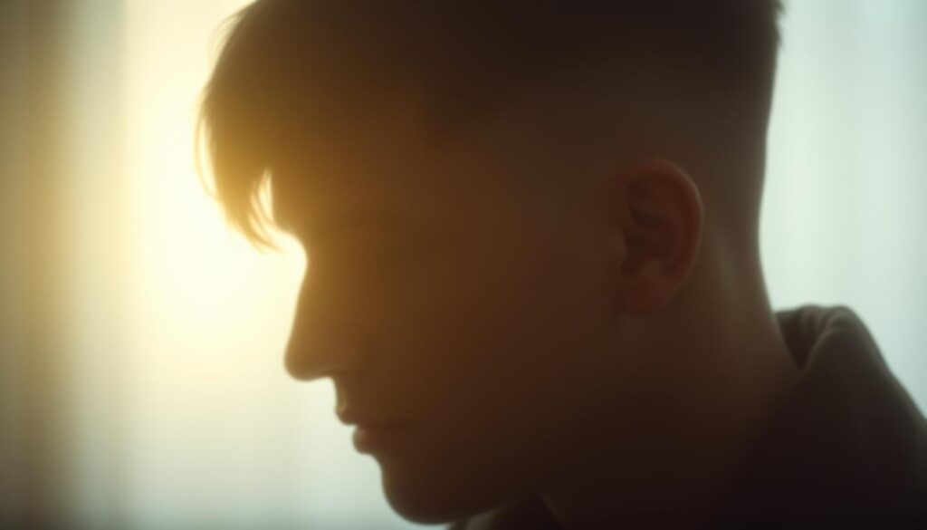 A soft, hazy fade gradient that transitions seamlessly from a deep, rich color to a lighter, ethereal hue. Captured in a cinematic, natural light with a shallow depth of field, the gradient fills the frame with a sense of depth and dimensionality. The edges of the gradient are gently blurred, creating a dreamlike, atmospheric quality. The overall mood is one of understated elegance and subtle sophistication, reflecting the essence of a timeless, classic side fade hairstyle.