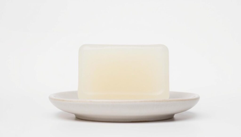 A soft, translucent bar of gentle, fragrance-free soap for tattooed skin, resting on a minimalist ceramic dish against a plain white background. The soap's surface has a subtle, satin-like sheen, reflecting the soft, even lighting from above. The composition is simple and clean, allowing the soap's form and texture to take center stage. The overall mood is calming and clinical, conveying the importance of using a mild, non-irritating product to clean and care for newly inked skin.