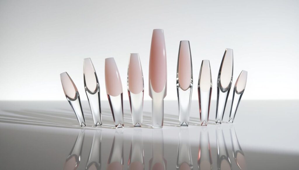 A sophisticated arrangement of short stiletto nails, delicately sculpted in a sleek and modern aesthetic. The nails, rendered in a mix of natural and acrylic materials, are presented against a softly lit, minimalist background, allowing the intricate details and sharp silhouettes to take center stage. Subtle reflections and carefully considered lighting create a sense of depth and refinement, showcasing the versatility and elegance of these short stiletto nail designs. The overall composition conveys a sense of understated sophistication, perfectly suited to complement the "Short Stiletto Acrylic Nails vs. Natural Options" section of the article.