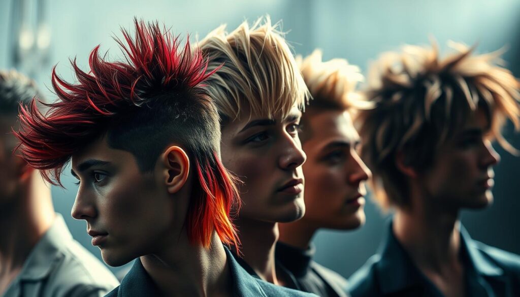 A sophisticated close-up portrait showcasing a diverse range of modern mullet hairstyles. In the foreground, a vibrant, textured mullet with asymmetric layers and sharp fades, lit by dramatic side lighting. In the middle ground, a sleek, angular mullet with a high-contrast undercut and shimmering highlights. In the background, a shaggy, layered mullet with a softly blurred, atmospheric setting. The overall scene exudes a stylish, edgy, and visually captivating aesthetic, capturing the dynamic revival of this iconic 80s hairstyle in a contemporary, high-fashion manner.
