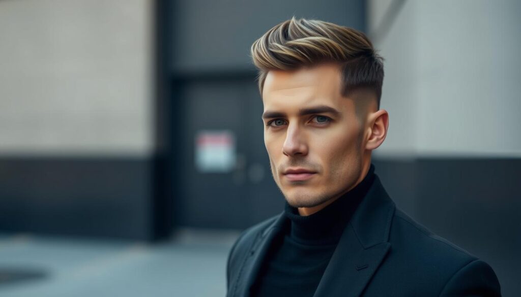 A sophisticated gentleman standing confidently, sporting a modern mod haircut. His short, textured locks are meticulously styled, framing his face with a touch of subtle volume and definition. The lighting is soft and flattering, accentuating the clean lines and sharp angles of the cut. The background is a minimalist, urban setting, with a muted color palette that allows the subject's stylish appearance to take center stage. The overall atmosphere exudes a sense of effortless cool and contemporary elegance, capturing the essence of the trendy mod haircut.