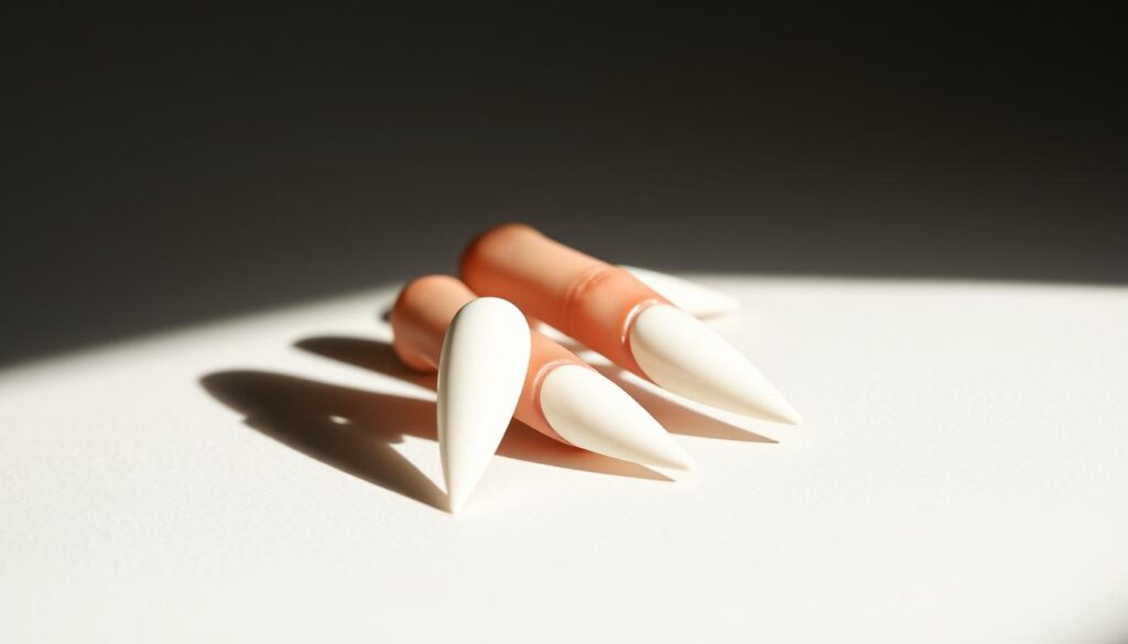 A sophisticated pair of white stiletto nails, meticulously shaped and polished to a high shine, resting gracefully against a soft, neutral background. The sharp, sleek silhouette of the nails is accentuated by dramatic lighting, casting dramatic shadows that add depth and dimension. The nails are the focal point, capturing the viewer's attention with their chic, elegant appeal. The overall composition conveys a sense of refinement and professionalism, perfectly suited to illustrate a section on high-quality nail services.