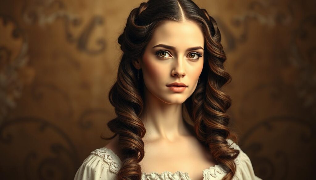 A stately portrait of a woman in a historical curtain hairstyle, her locks elegantly framing a serene, aristocratic visage. The soft lighting casts a warm, amber glow, accentuating the intricate waves and curls cascading down her shoulders. The background is a subtly textured, muted palette, allowing the subject to take center stage. The overall atmosphere evokes a sense of timeless elegance and grandeur, capturing the essence of the curtain hairstyle's regal origins.