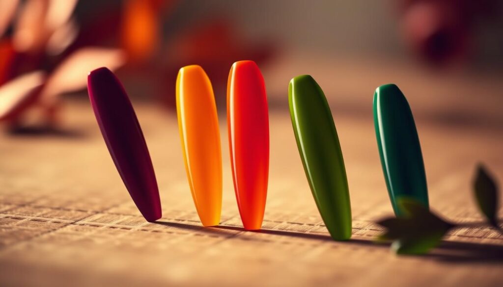 A still life of five stiletto-shaped nails in autumn colors - deep burgundy, golden ochre, russet orange, and forest green. The nails are arranged on a wooden surface, with a subtle bokeh effect creating a soft, dreamy focus. The lighting is warm and directional, casting gentle shadows and highlights that accentuate the sharp, tapered nail shapes. The overall mood is one of sophisticated elegance and seasonal transition, capturing the essence of the "Seasonal Trends: Fall Nails Stiletto Edition" concept.