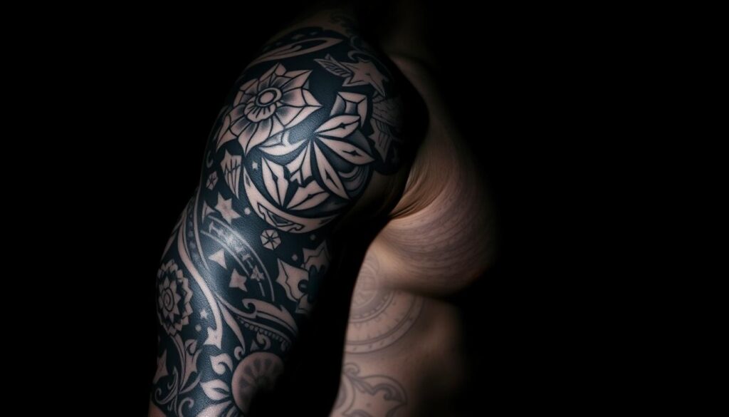 A striking black and grey tattoo sleeve cascading down a muscular arm, the intricate designs blending seamlessly from the shoulder to the wrist. The tattoos feature a mix of bold geometric patterns, delicate line work, and gritty shaded elements, creating a visually captivating and edgy aesthetic. The lighting is dramatic, casting deep shadows that accentuate the depth and texture of the ink. The overall composition is framed in a tight, cinematic angle, drawing the viewer's attention to the powerful yet artful body art. The mood is moody and edgy, reflecting the enduring popularity of black tattoos in contemporary urban culture.
