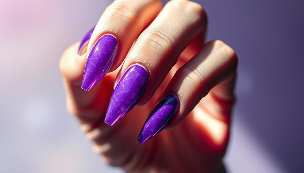 A striking close-up of a hand displaying a set of perfectly manicured, sharply tapered purple stiletto nails. The nails are adorned with intricate, futuristic patterns that seem to pulse with an ethereal, iridescent glow, capturing the essence of cutting-edge nail art. The hand is posed against a blurred background of soft, pastel hues, creating a dreamlike, high-fashion aesthetic. Dramatic studio lighting casts dramatic shadows, emphasizing the sculpted shape and glossy finish of the nails. The overall composition and attention to detail evoke a sense of modern elegance and technological innovation.