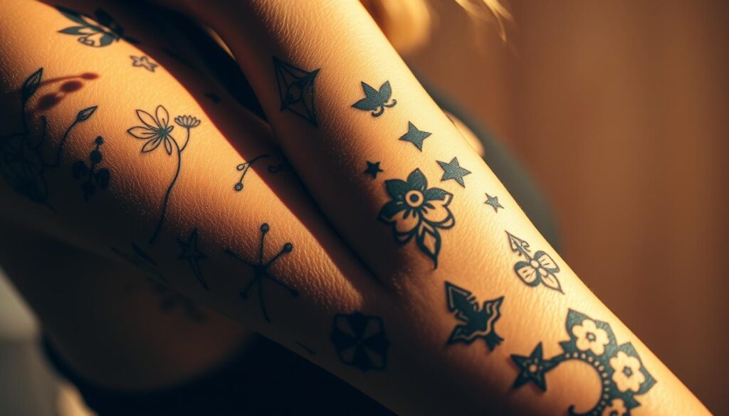 A striking close-up of a woman's arm, featuring a collection of trendy female tattoos. In the foreground, delicate floral designs and intricate line work dance across the skin, casting intricate shadows. The middle ground showcases bold, geometric patterns and symbolic motifs, each one a unique expression of the wearer's personal style. The background is softly blurred, drawing the viewer's eye to the captivating details of the tattoos. Warm, natural lighting highlights the depth and texture of the ink, creating a sense of depth and artistry. The overall composition conveys a sense of confident, contemporary femininity.