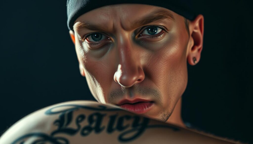 A striking close-up portrait of Eminem, his face etched with intensity, the camera capturing the raw emotion in his piercing gaze. In the foreground, his iconic "Legacy" tattoo stands out prominently, its intricate design and bold lines a testament to his enduring musical legacy. The lighting is dramatic, casting dramatic shadows that accentuate the depth and texture of his features. The background is blurred, keeping the focus solely on Eminem's powerful visage and the meaningful tattoo that adorns it. The overall mood is one of contemplation and gravitas, befitting the subject matter of the article's section.