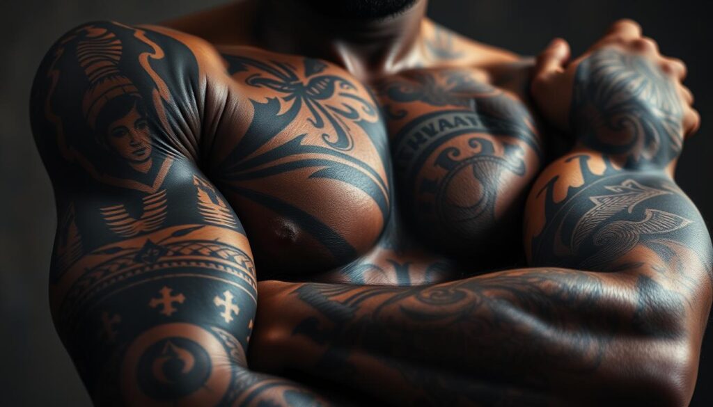 A striking close-up portrait of LeBron James' tattoo collection, captured in high detail and dramatic lighting. The camera angles and composition emphasize the evolution and significance of his ink over the years, from intricate patterns and symbolic designs to personal tributes. The foreground features a sharp, detailed view of his tattooed arms and torso, while the background is softly blurred, keeping the focus on the intricate body art. The overall mood is one of contemplation and reverence, inviting the viewer to explore the deeper meaning behind LeBron's iconic tattoos.