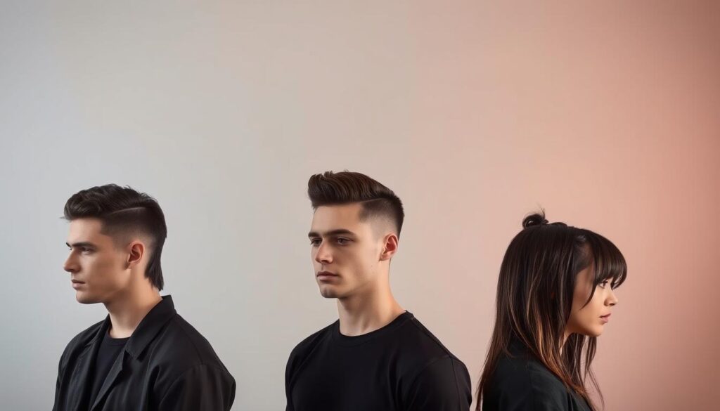 A striking collection of contemporary mullet hairstyles set against a sleek, minimalist backdrop. In the foreground, a range of mullet variations showcased with precision - from the classic razor-sharp fade to bold, textured layers. Soft, directional lighting accentuates the nuanced cuts and sculpted silhouettes. In the middle ground, a subtle gradient backdrop in muted, complementary tones, creating an elegant, gallery-like atmosphere. The overall composition conveys a sense of refined, modern sophistication, highlighting the versatility and style of these updated mullet interpretations.