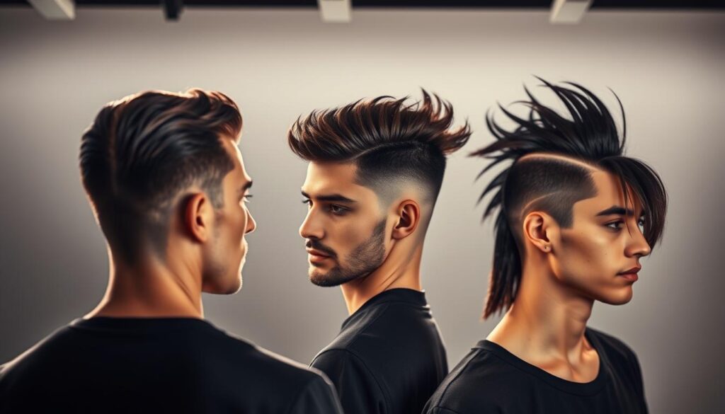 A striking collection of modern mullet variations, showcased in a stylish studio setting. In the foreground, a sleek, razor-tapered mullet with subtle highlights, backlit to create depth and dimension. In the middle ground, a textured, tousled mullet with a smooth fade, accentuated by dramatic side lighting. In the background, a bold, asymmetric mullet with a sharp, disconnected contrast, illuminated by a soft, overhead lighting setup. The overall mood is one of fashionable, cutting-edge hairstyles, captured with a cinematic, high-quality lens and expertly composed to highlight the unique features of each mullet variation.