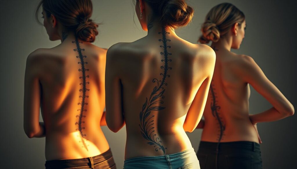 A striking portrait of alluring spine tattoos adorning the backs of stylish women. Elegant, feminine designs flow gracefully along the curves of the spine, accentuating the natural beauty of the female form. Delicate linework and intricate patterns create a mesmerizing interplay of light and shadow, casting a captivating glow across the scene. The women are posed with confidence, their posture exuding a sense of power and self-expression. Soft, diffused lighting bathes the subjects in a warm, flattering hue, highlighting the intricate details of the tattoos. The background is minimalist, allowing the tattoos to take center stage and command the viewer's attention. An intimate, artistic depiction of the appeal and artistry of spine tattoos.