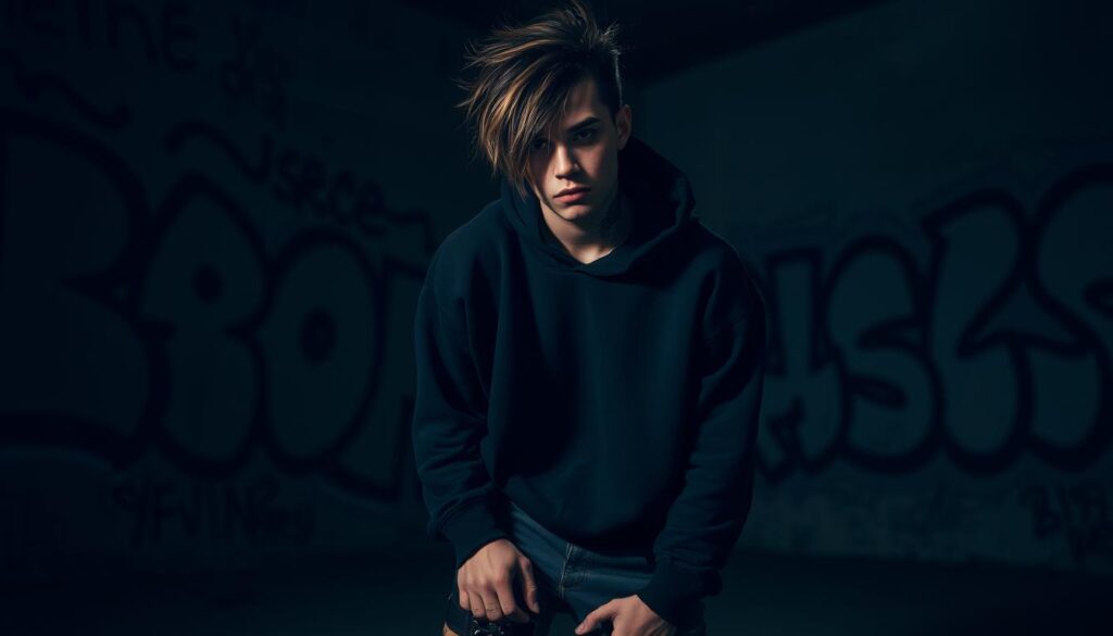 A striking portrait of an eboy in a dimly lit urban setting. The subject is captured in a moody, dramatic lighting, highlighting their striking facial features and stylized makeup. The background features a gritty, graffiti-covered wall, conveying a sense of edgy, underground culture. The eboy's hair is styled in the signature tousled, asymmetrical cut, accentuated by a deep, side-parted fringe. They wear a black, oversized hoodie, ripped skinny jeans, and chunky, platform boots, completing the quintessential eboy aesthetic. The overall atmosphere is one of youthful rebellion, individualism, and a touch of melancholy.