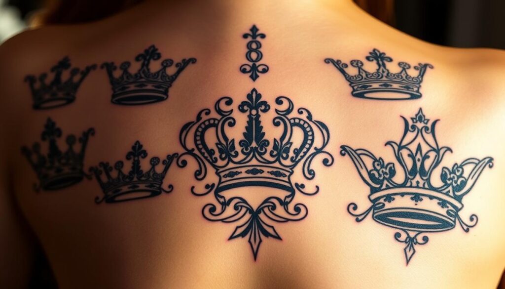 A stunning collection of crown tattoo designs, showcasing intricate patterns and regal aesthetics. A central crown motif, surrounded by ornate flourishes and detailed linework, stands prominently against a softly blurred background. The lighting is warm and directional, casting subtle shadows that accentuate the depth and dimension of the designs. Varying styles are presented, from classic heraldic crowns to more contemporary interpretations, all capturing the essence of monarchical elegance. The image conveys a sense of regality, power, and personal expression, perfectly suited to illustrate the "Various Styles of Crown Tattoos" section of the article.