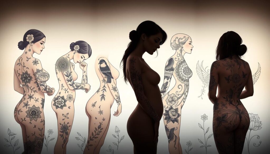 A stunning display of popular female tattoo styles, showcasing an array of intricate designs against a serene, softly lit backdrop. The foreground features a diverse selection of delicate floral motifs, minimalist line art, and ornate mandala patterns adorning the graceful silhouettes of female figures. The middle ground highlights bold, geometric shapes, elegant script, and whimsical animal illustrations that accentuate the natural curves of the body. In the background, a muted color palette and ethereal lighting create a calming, intimate atmosphere, allowing the tattoos to take center stage and captivate the viewer.