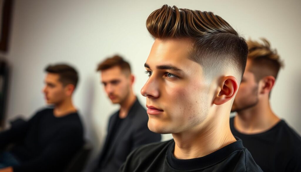 A stylish display of French crop variations, captured in a well-lit studio setting. In the foreground, a meticulously styled French crop with subtle textured waves, accentuated by precise fading along the sides. The middle ground showcases a classic French crop with a sleek, polished finish, while the background features a more textured interpretation with a slightly disheveled, tousled appearance. The lighting is soft and diffused, creating a warm, inviting atmosphere that highlights the nuances of each French crop style. The overall composition emphasizes the versatility and refinement of this timeless men's hairstyle.