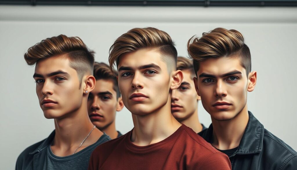 A stylish group of young men showcasing the latest side part haircut trends, captured in a modern, well-lit studio setting. The subjects have varying hairstyles, lengths, and textures, all exhibiting the classic side-parted look with meticulous attention to detail. The lighting is soft and diffused, accentuating the subjects' facial features and hairstyles. The background is a clean, minimalist studio backdrop, allowing the focus to remain on the models and their fashionable side part haircuts.