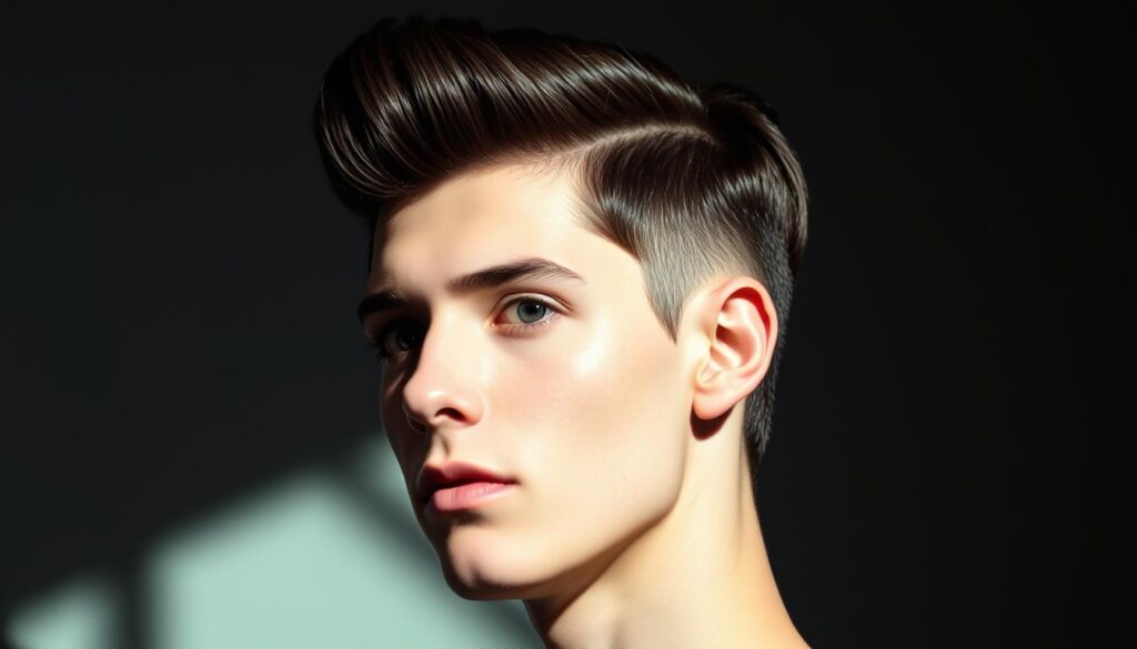 A stylish mod-inspired hairstyle, featuring a sharp, geometric shape with clean lines and a tapered, graduated silhouette. The hair is slightly longer on top, styled with a subtle quiff or pompadour effect, while the sides and back are closely cropped or faded. The overall look conveys a sense of retro-futuristic sophistication, with a sleek, polished finish achieved through careful styling and product application. The lighting is soft and directional, casting dramatic shadows that accentuate the sculptural qualities of the cut. The model's expression is confident and poised, embodying the cool, rebellious spirit of the mod subculture.