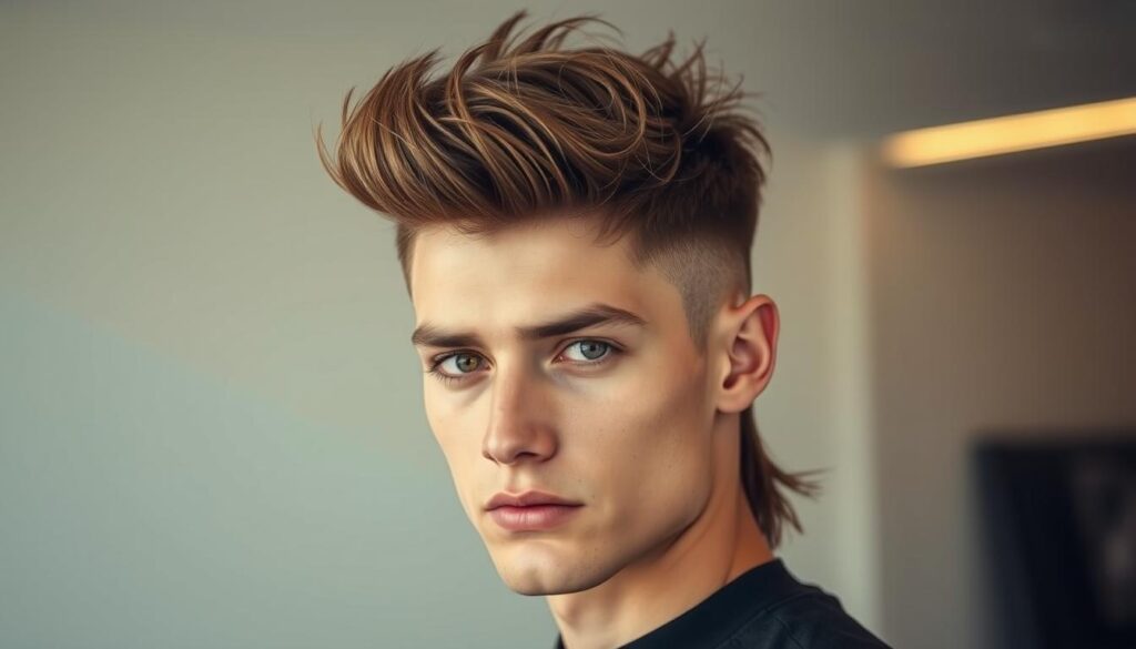 A stylish modern mullet haircut with a high fade on the sides and back, featuring a longer, textured top with messy waves and a slight quiff. The model has a neutral facial expression, looking directly at the camera under soft, warm lighting that accentuates the dynamic layers and clean lines of the cut. The background is a minimalist, contemporary setting with clean lines and neutral tones that complement the haircut's modern aesthetic.