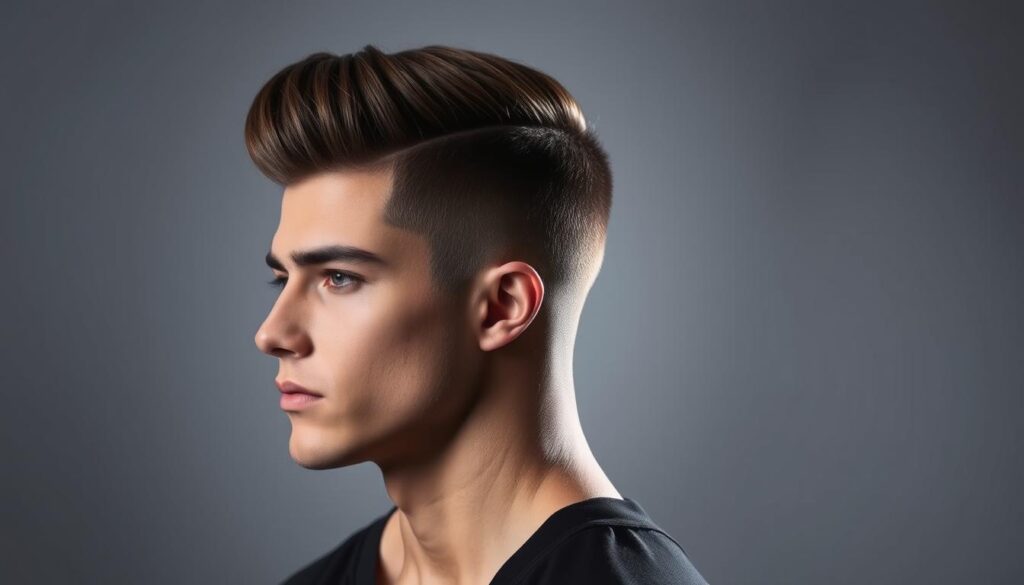 A stylish side fade haircut, with a smooth transition from short to long hair. The model's head is angled slightly to the side, showcasing the intricate cut. The lighting is soft and diffused, creating subtle shadows that accentuate the contours of the fade. The background is a minimalist studio setting, allowing the focus to remain on the hairstyle. The overall mood is one of contemporary elegance and grooming excellence, reflecting the latest trends in men's fashion.