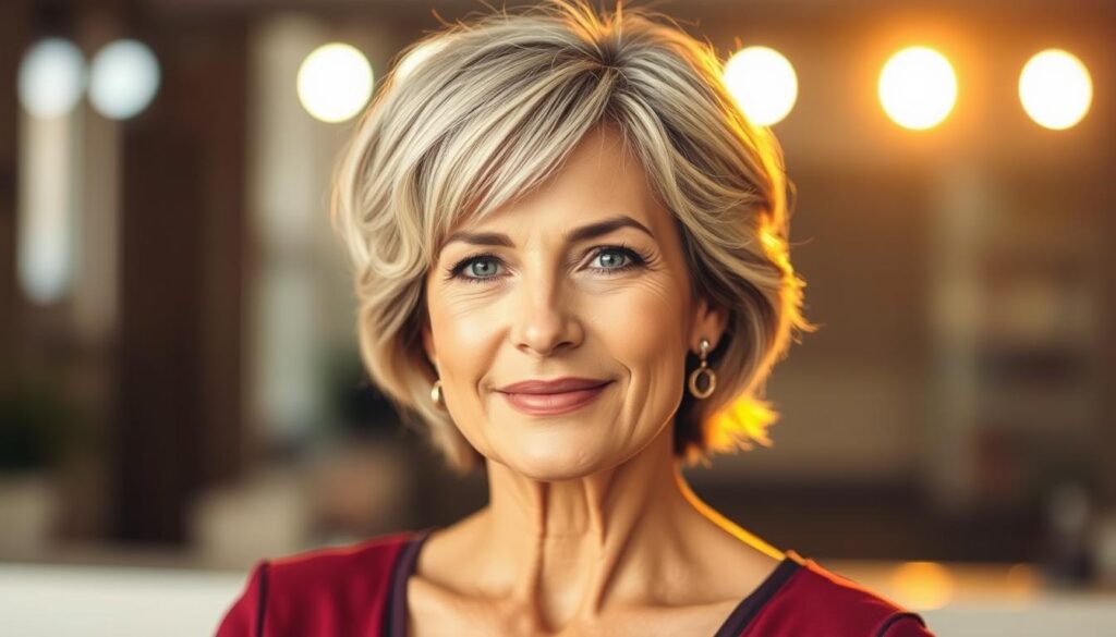 A stylish woman in her 50s, her short modern hairstyle featuring soft layers and subtle highlights. Warm studio lighting illuminates her face, creating a radiant and youthful glow. The camera captures her from a flattering three-quarter angle, emphasizing her elegant facial features and confident expression. The background is blurred, keeping the focus on her updated, rejuvenated look that reflects a vibrant, self-assured spirit. An image that embodies the power of embracing a modern aesthetic in one's 50s.