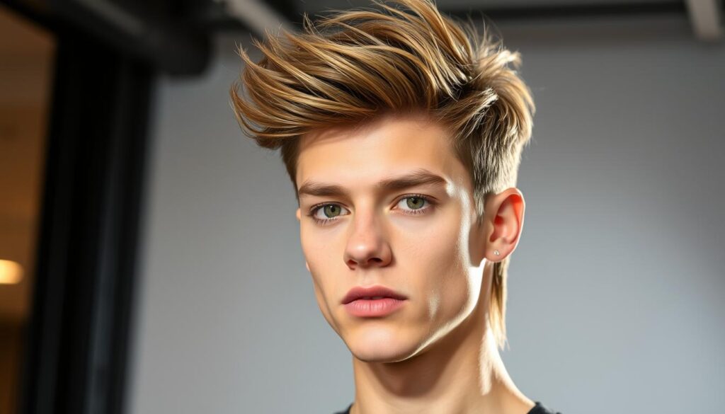 A stylishly modern fade mullet haircut, the short sides and back seamlessly blending into the longer, textured locks on top. The model is captured in a well-lit, contemporary studio setting, the lighting creating subtle shadows and highlights that accentuate the layered, edgy hairstyle. The model's gaze is direct, conveying a confident, youthful energy that embodies the revival of this retro-inspired, yet thoroughly modern, hairstyle trend.