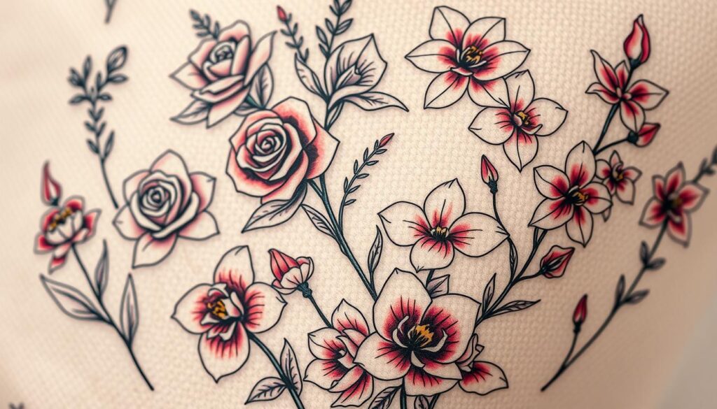 A stylized close-up shot of an array of meticulously detailed floral tattoo designs for men, showcasing a harmonious blend of bold lines, vibrant colors, and intricate botanical motifs. The composition features a variety of flower elements, such as lush roses, delicate lilies, and elegant orchids, set against a subtly muted, textured background that enhances the organic, hand-drawn aesthetic. The lighting is soft and diffused, casting gentle shadows that accentuate the depth and dimensionality of the tattoo designs. The overall mood is one of refined sophistication and personal expression, inviting the viewer to envision the possibilities of customizing a unique, impactful floral tattoo.