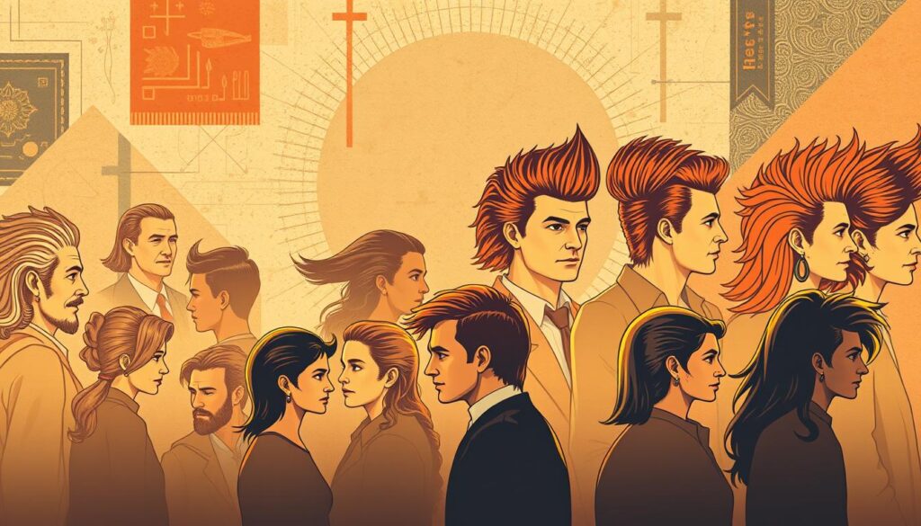 A stylized illustration showcasing the evolution of iconic hairstyles throughout history. In the foreground, a series of detailed portraits depicting the transformative progression of the classic mullet hairstyle, from its ancient roots to its 20th-century resurgence. The middle ground features larger-than-life renderings of influential figures sporting the signature cut, against a backdrop of abstract geometric patterns and textural elements evoking the passage of time. Warm, vintage-inspired lighting casts a nostalgic glow, while a cinematic, widescreen aspect ratio heightens the sense of visual narrative. The overall composition conveys the mullet's enduring cultural significance and its timeless place in the pantheon of iconic hairstyles.