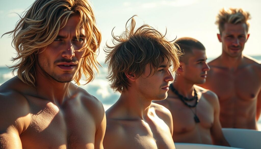 A sun-drenched beach scene, with a group of tanned, athletic surfers showcasing a variety of stylish surfer hairstyles. In the foreground, a surfer with sun-bleached, wavy locks cascading over his tanned face, effortlessly embodying the laidback surfer aesthetic. In the middle ground, another surfer sports a messy, textured style, capturing the windswept, carefree essence of the surfer lifestyle. In the background, a third surfer displays a slick, undercut style, blending classic and modern elements. The image is shot with a wide-angle lens, capturing the dynamic movement and energy of the scene, bathed in warm, golden sunlight that casts a dreamy, nostalgic mood.