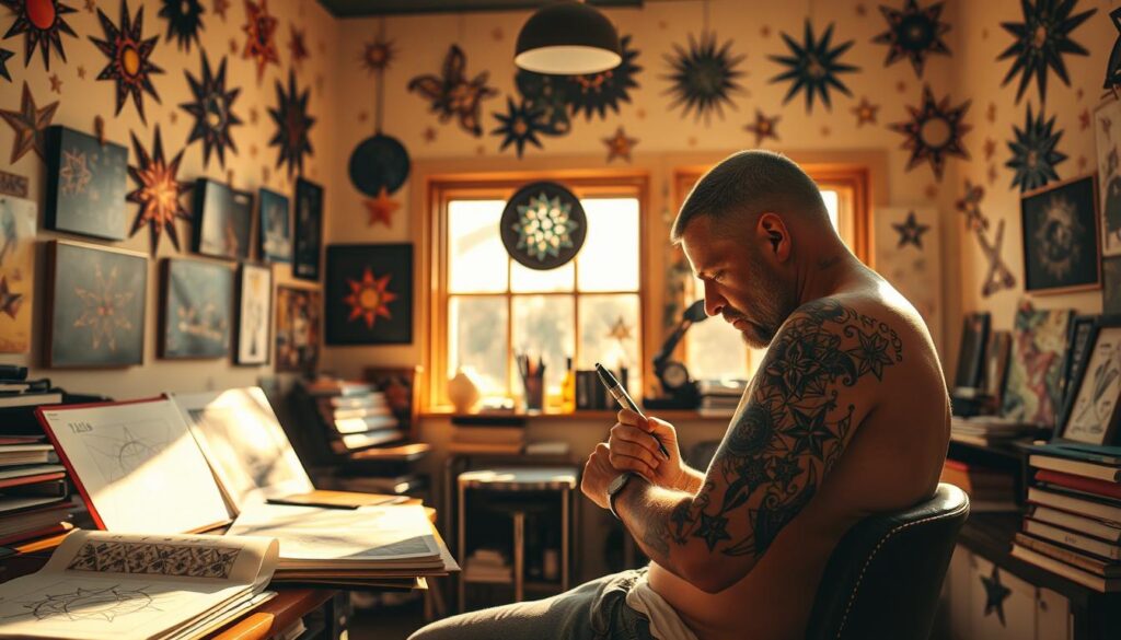 A sun-drenched tattoo studio, its walls adorned with vibrant star designs. In the foreground, a skilled artist carefully etches celestial patterns onto a client's skin, their focused gaze and steady hand capturing the essence of the cosmos. The middle ground showcases an array of reference materials - sketchbooks, stencils, and portfolios of past works - a testament to the artist's dedication and expertise. The background is bathed in warm, natural lighting, creating a serene and inviting atmosphere that puts the client at ease. This is the realm of the best star tattoo artists, where creativity, precision, and a deep understanding of the craft converge to transform skin into a canvas of celestial beauty.