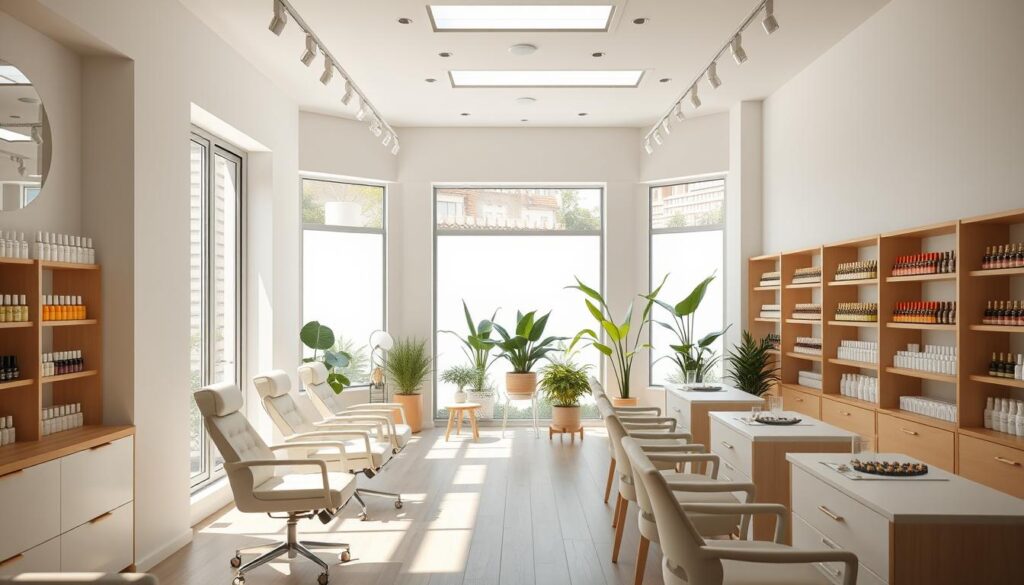 A sunny, modern solar nails salon with a minimalist, Scandinavian-inspired interior. The storefront features large windows that allow natural light to flood the space, highlighting the pristine white walls and sleek, wooden furnishings. In the foreground, several stations are equipped with manicure chairs and bright, adjustable lighting, creating an inviting and relaxing atmosphere for clients. The middle ground showcases an array of nail polish colors and other salon products neatly displayed on shelves. The background depicts a tranquil, plant-filled oasis, subtly hinting at the salon's focus on natural, eco-friendly services. Overall, the scene conveys a sense of serenity, professionalism, and attention to detail, perfectly capturing the essence of a premier solar nails establishment.