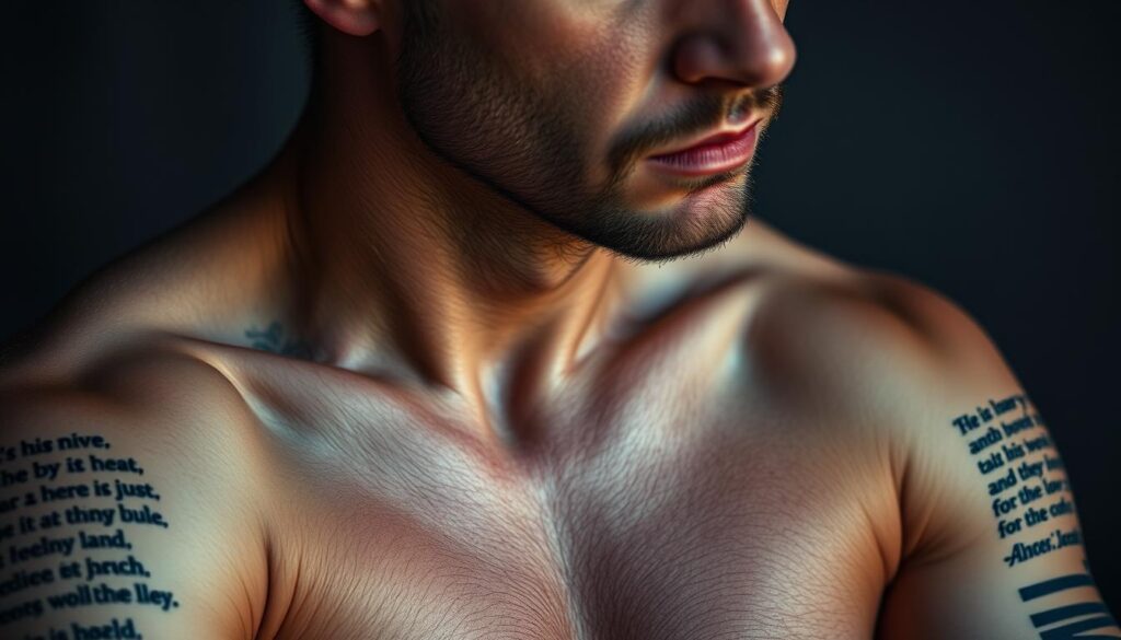A thoughtful close-up of inspirational Bible verse tattoos adorning the arms and shoulders of a pensive, introspective man. The skin is rendered in realistic detail, with the intricate, reverential designs seeming to glow with a subtle, warm light. The tattoos depict carefully chosen Scripture passages, their meaning and significance etched into the flesh as a testament to faith and personal transformation. The background is softly blurred, drawing the viewer's focus to the expressive, contemplative expression on the man's face, the tattoos serving as a visual meditation on the profound emotional impact of embracing the wisdom of the Bible.