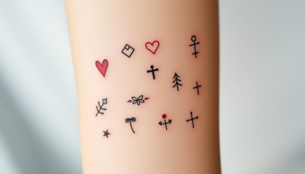 A tightly framed, high-resolution photograph showcasing a variety of meaningful small tattoo styles, with the focus on minimalist, delicate, and symbolic designs. The tattoos are displayed against a soft, neutral background, allowing the intricate linework and subtle shading to take center stage. The lighting is gentle, creating a serene and thoughtful atmosphere. The angle captures the tattoos from a slightly elevated perspective, highlighting their small size and personal significance. The composition features a balanced arrangement of diverse tattoo motifs, such as simple line drawings, minimalist geometric shapes, and nature-inspired elements, all conveying a sense of personal meaning and quiet reflection.